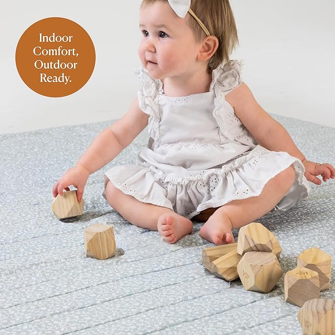 Toddlekind Premium Indoor/Outdoor Playmat & Picnic Blanket, Organic Quilted Cotton, Water-Resistant, Reversible Design, Spacious Play Mat for 6 People, Easy Roll-Up w/Carry Handle, Botanical Blue