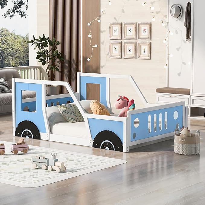 Merax Full Size Classic Car-Shaped Platform Bed with Wheels, Wood Car Bed Frame for Boys, Blue