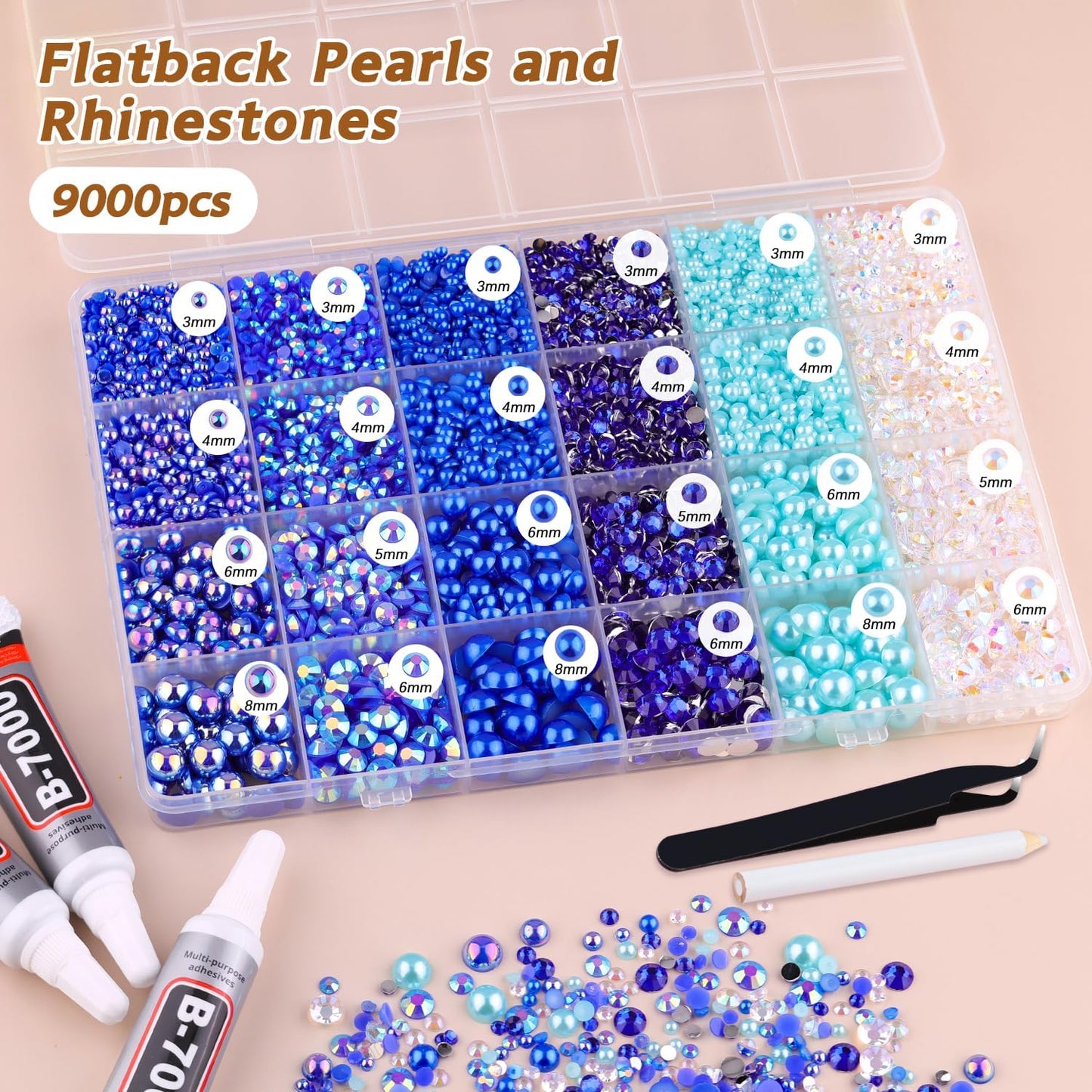 9000PCS Flatback Pearls and Rhinestones for Crafting, Dark Blue 3-10mm Resin Rhinestones and Half Pearls for Bedazzling, Nail Art and Dec with 3pcs B7000 Jewelry Glue, Tweezer and Pickup Pencil