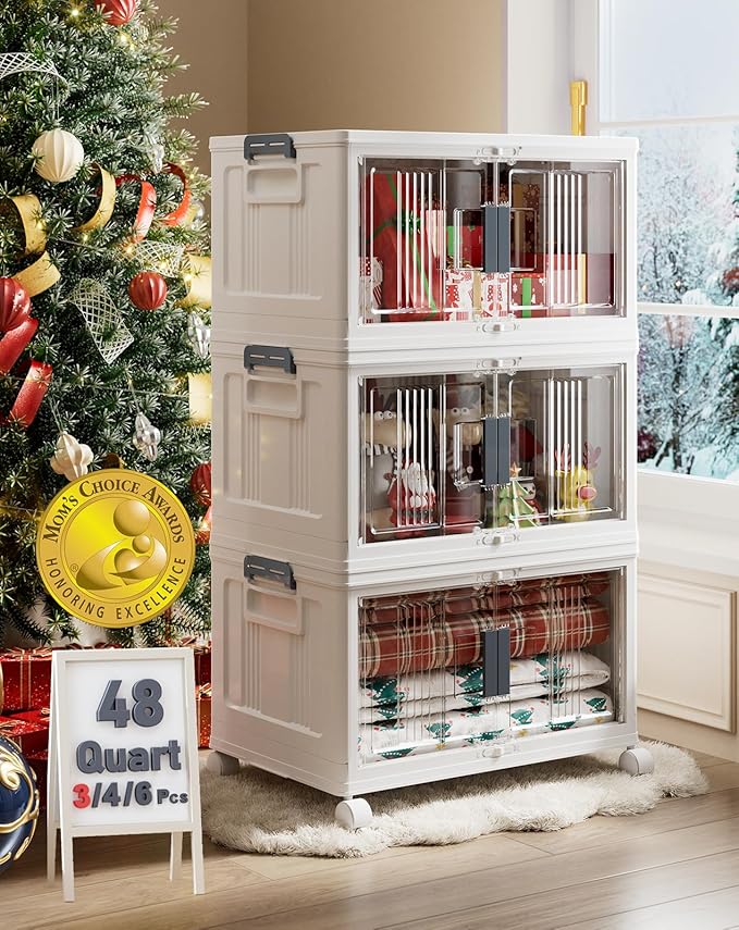 OlarHike 144QT Lockable Storage Bins with Lids - Folding Storage box with Doors and Wheels, Collapsible Plastic Bins for Closets, Stackable Organizer and Containers, Christmas Gifts, 3 Pack Cubes