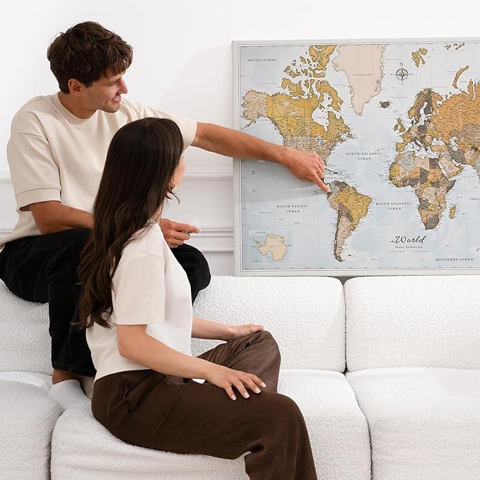 Canvas World Map with Cork Pin Board - English Lettering - Decorative Wall Decoration for All Rooms - Canvas Pictures with World Map Motif (70x50 cm, Pattern 14)