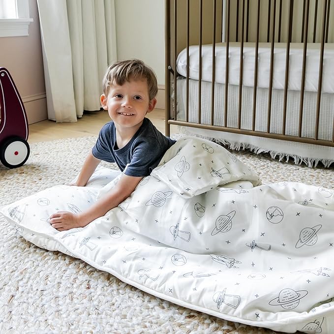 Makemake Organics GOTS Certified Organic Cotton Nap Mat with Detachable Pillow for Kids Soft Sleeping Bag for Toddlers, Boys, Girls - Ideal for Daycare, Preschool, Kindergarten