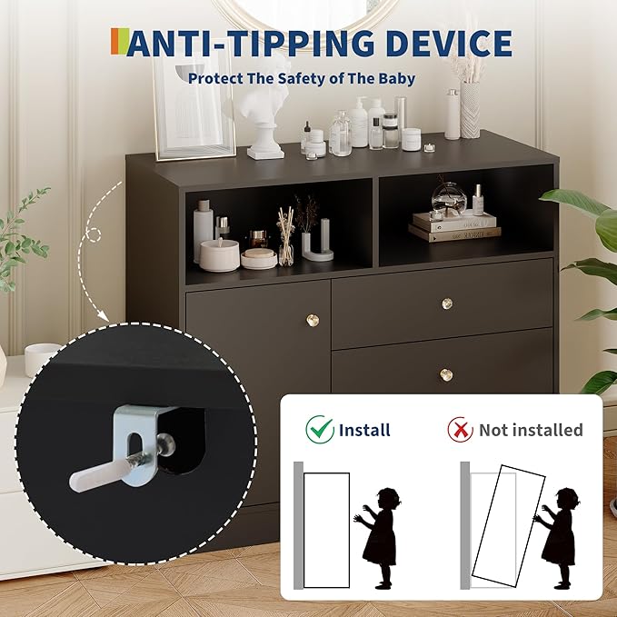 Baby Changing Table Dresser, Wooden Diaper Changing Station with 2 Open Shelves, 3 Drawers, and 1 Cabinet, Modern Baby Dressers for Nursery, Bedroom, Kids Room, Black