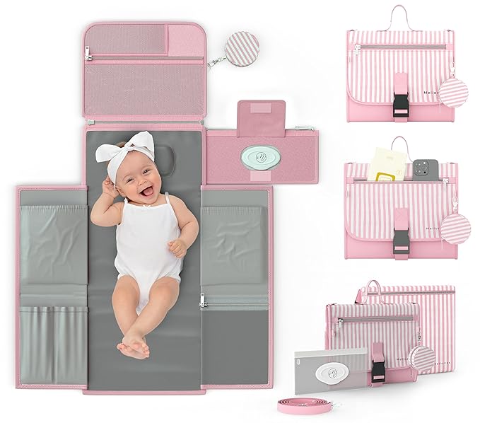 Portable Diaper Changing Pad - Large, Waterproof Travel Changing Pad for Baby with Extra Storage, Wipes Pocket & Pacifier Case - Portable Diaper Changing Station - Pink Striped