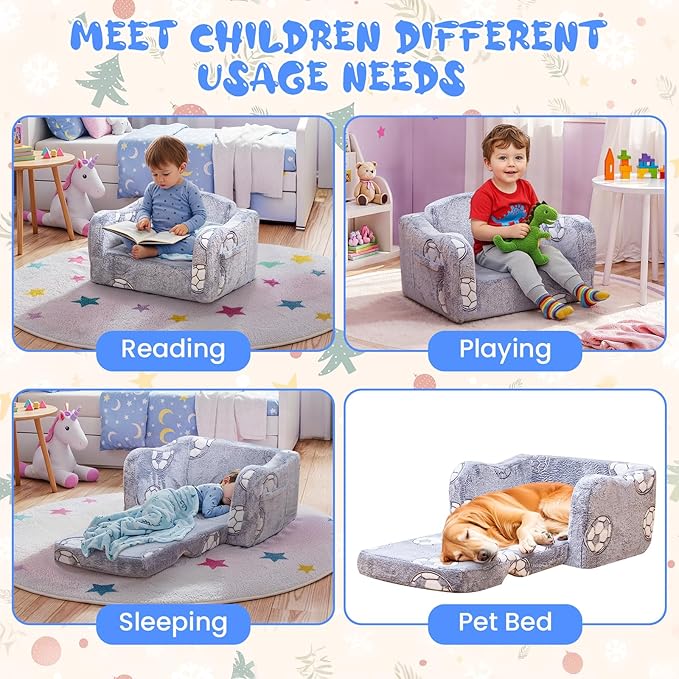 Lamerge 2-in-1 Toddler Couch,Glow in The Dark Baby Floor Bed,Foldable Toddler Chair Kids Sofa for playroom,Convertible Sofa to Lounger for Girls and Boys (Grey and Football)