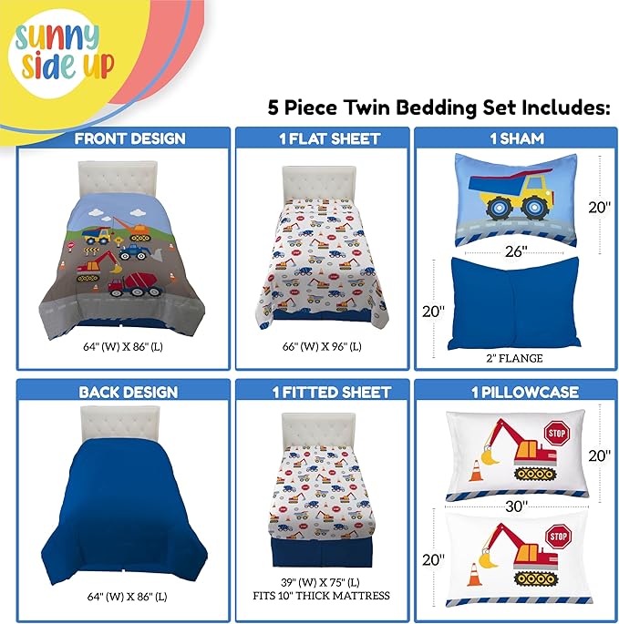 Sunny Side Up Construction Zone Twin Comforter Set - 5 Piece Kids Bedding Includes Comforter, Sheets & Pillow Cover - Super Soft Vehicles Microfiber Bed Set