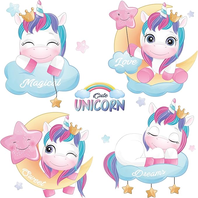 Unicorns Wall Decals - Colourful Peel and Stick Cute Unicorn Wall Stickers, Decor for Baby Nursery, Toddler & Kids Bedroom Walls