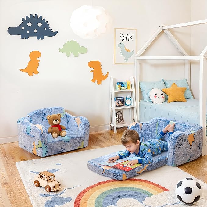 Lamerge 2-in-1 Toddler Couch,Glow in The Dark Baby Floor Bed,Foldable Toddler Chair Kids Sofa for playroom,Convertible Sofa to Lounger for Girls and Boys (Blue and Dinosaur)