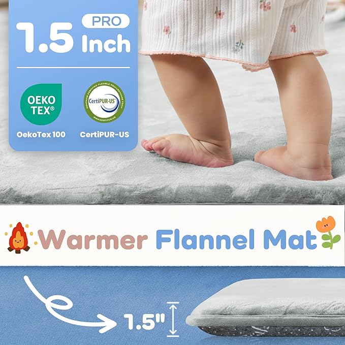 1.5" Super Thick Baby Play Mat for Floor, 79x118 Pro Soft Flannel Foam Mats for Toddler Infant Kids Crawling for Nursery Rug Playroom Living Room Waterproof Easy Care Non-Slip (Light Grey)
