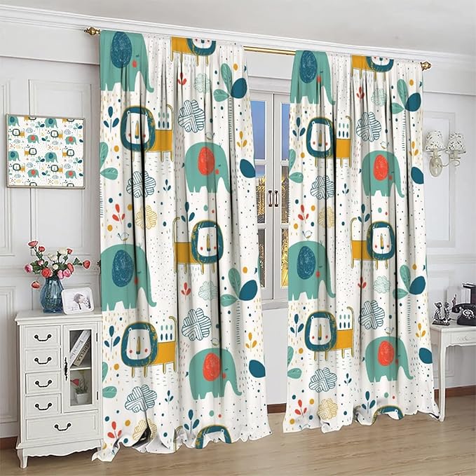 Cute Lions Blackout Curtains for Kids Bedroom,Cartoon Tropical Plants Birds Elephants Print Pattern Window Drapes,Funny Animal Thermal Insulation Curtain for Nursery Baby Room 63x72in