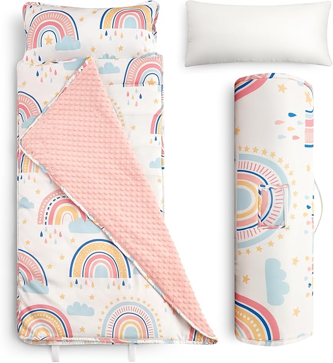 Toddler Nap Mat with Removable Pillow & Minky Blanket Sleeping Bag for Kids Handle & Fastening Nap Mats for Preschool Daycare Kindergarten Kids Sleeping Bag (Ages 2-7 Years) Blue Dinosaur