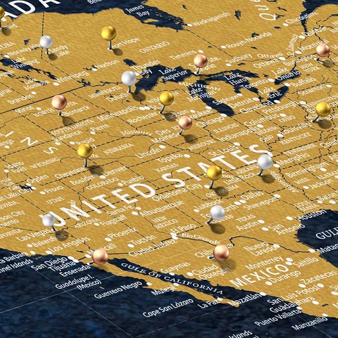 ElephantStock - Personalized Push Pin World Map - Gold Wall Art - Horizontal Canvas Wall Art - Living Room Wall Decor - Digital Art Map Canvas Art - Orange And Blue Decor - 24" x 16"