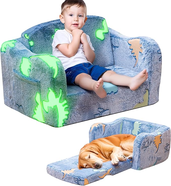Lamerge 2-in-1 Toddler Couch,Glow in The Dark Baby Floor Bed,Foldable Toddler Chair Kids Sofa for playroom,Convertible Sofa to Lounger for Girls and Boys (Blue and Dinosaur)