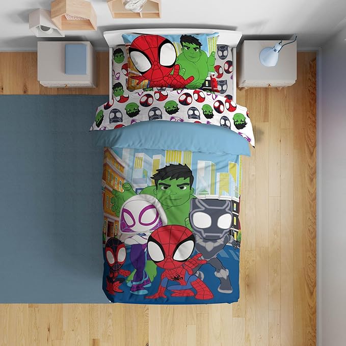 Sunny Side Up Marvel Spidey & His Amazing Friends Toddler Comforter Set - 4 Piece Preschool Bedding Includes Comforter, Sheets & Pillow Cover – Super Soft Superheroes Microfiber Bed Set