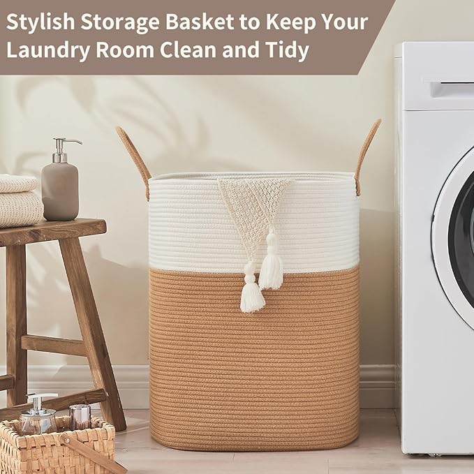Laundry Basket with Handles - Blanket Basket & Hampers for Bedroom Aesthetic, Laundry Hamper & Blanket Storage for Living Room, Clothes Hamper, Tall, Large 17" x 14" x 22”, White & Jute