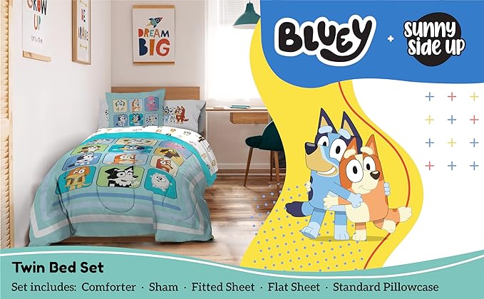 Sunny Side Up Bluey & Friends Twin Comforter Set - 5 Piece Kids Bedding Includes Comforter, Sheets & Pillow Cover - Super Soft Microfiber Bed Set