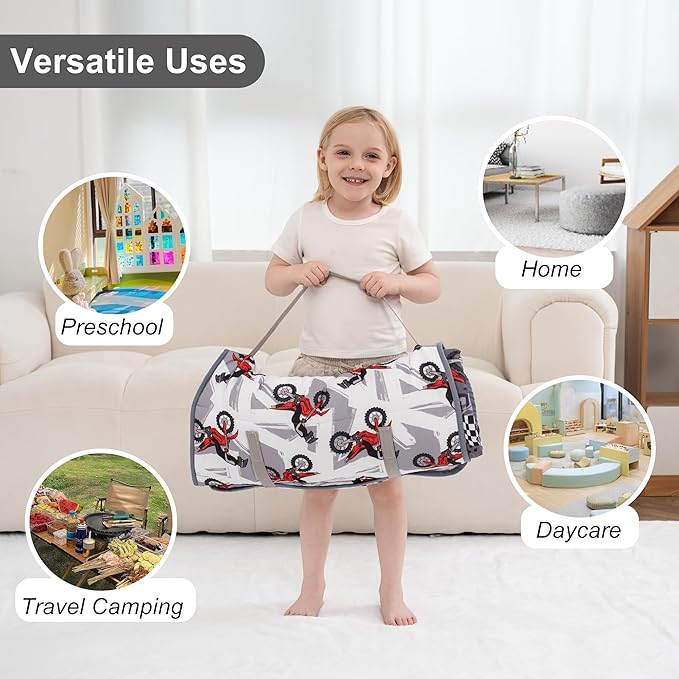 Viviland Toddler Nap Mat with Pillow and Minky Dot Blanket, Rolled Large Sleeping Mat for Boys, Kids Slumber Bag/Nap Mat for Preschool, Daycare, Kindergarten, Travel Camping - Cool Motocycle