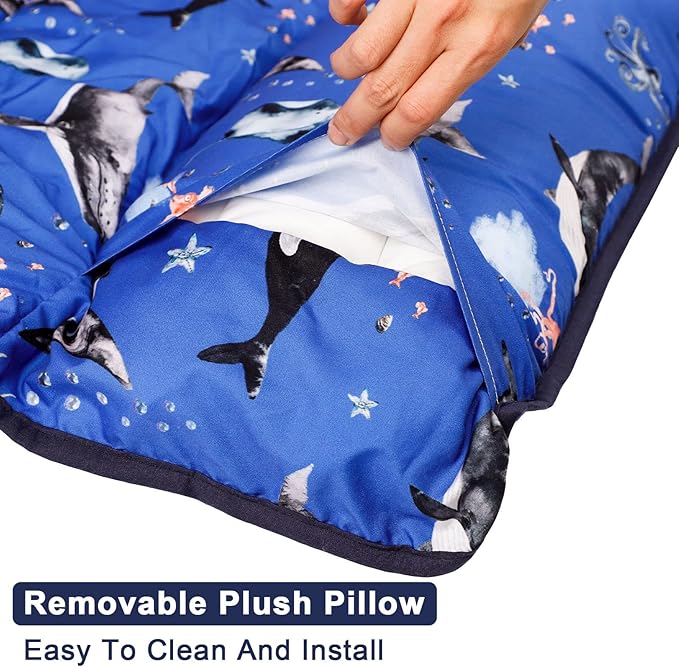 Toddler Nap Mat with Removable Pillow and Soft Dot Minky Blanket, Pea Pod Kids Shark Napping Mats Extra Large Rolled Slumber Bags for Boys Preschool, Daycare, Camping, 22.9 x 51.2inches Ages 3-7 Years