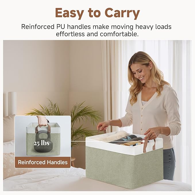 StorageWorks Storage Bins, Fabric Storage Bins for Shelves, Extra Large Storage Baskets with Metal Frame, Closet Baskets and Bins with Handles, Jumbo, Green and White, 2-Pack