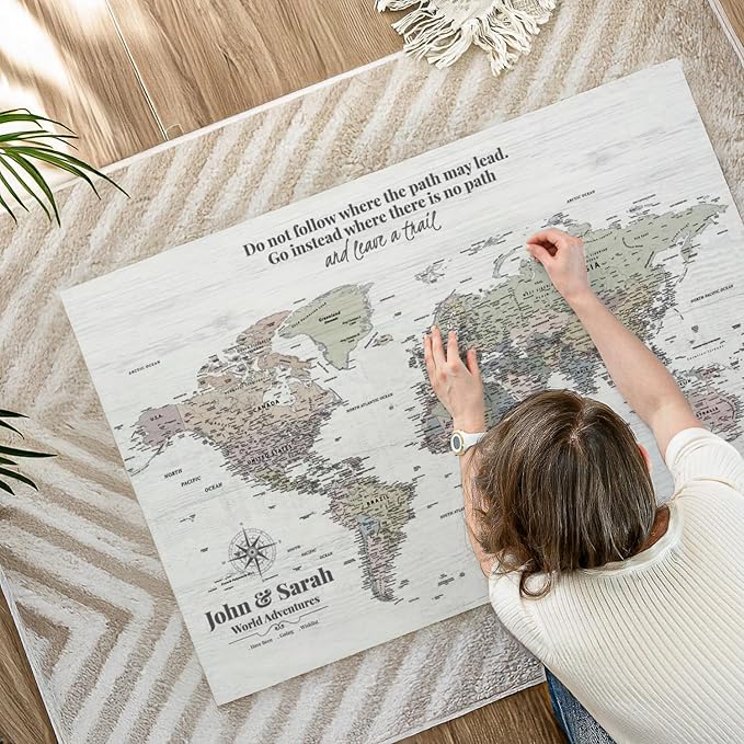 ElephantStock - Personalized Leave A Trail Iii Push Pin World Map Wall Art - Horizontal Canvas Wall Art - Living Room Wall Decor - Digital Art Map Canvas Art - White And Gray Decor - 45" x 30"