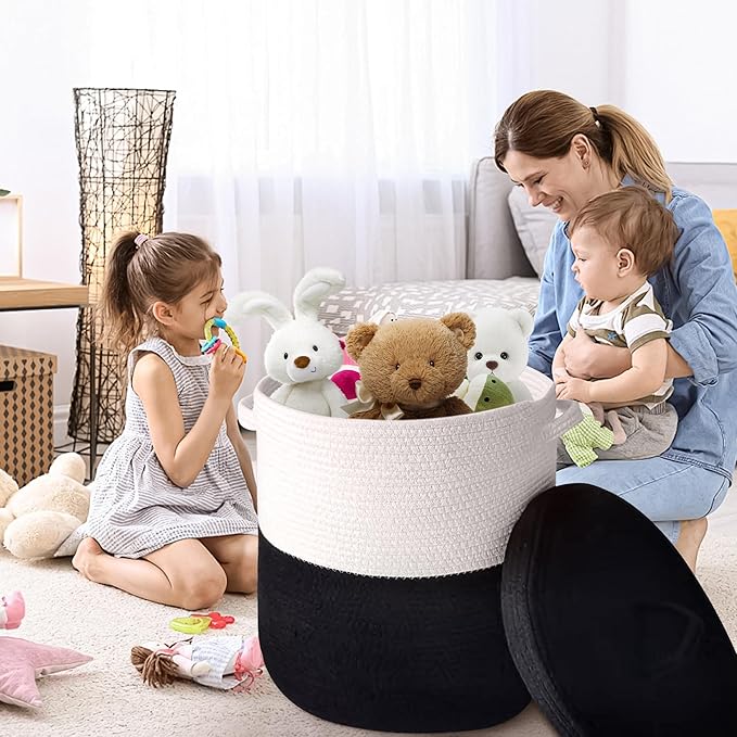 Large Storage Basket with Lid 60L, 16"Wx18"H Woven Laundry Hamper Basket with Handle, Room Decor Cotton Rope Wicker Basket Toy Organizer Bins for Clothes Blankets Pillows, Black/White Mix includes Lid