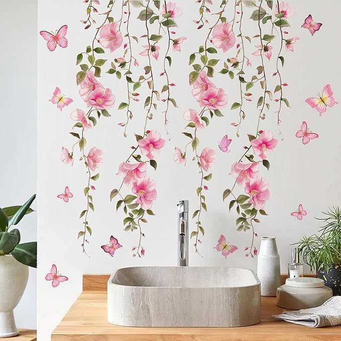 2 Sheets Removable Hanging Pink Vine Flowers Wall Decal Green Leaves Wall Decal DIY Pink Butterfly Stickers Self-Adhesive Art Decor for Girls Room Living Room Bedroom TV Backdrop Decor