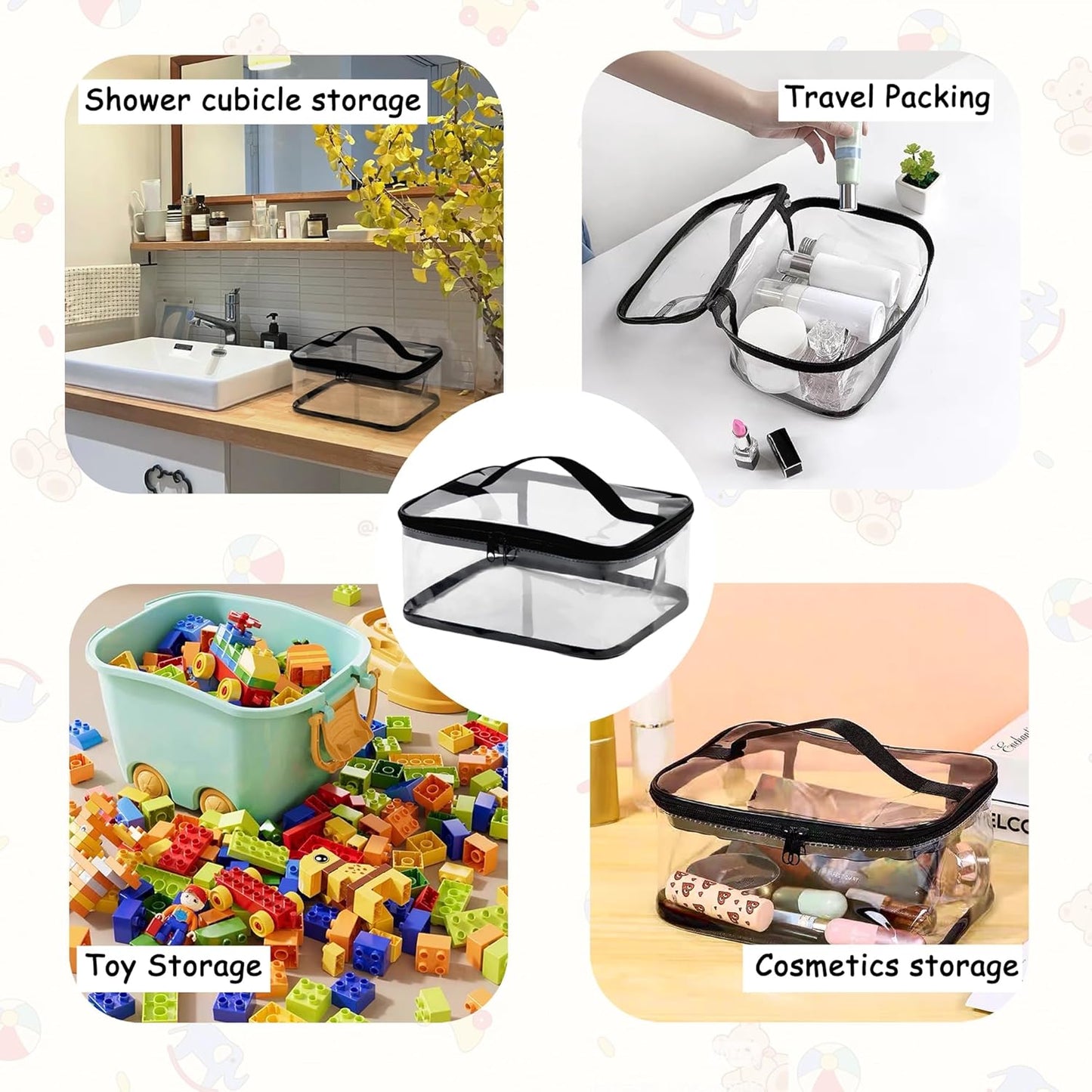 Transparent PVC Storage Bags with Reinforced Handles & Double Zipper - Waterproof Organizer Pouches for Toys, Travel Toiletries, Makeup, Crafts (9.4x6.7x4.3 Inch) 6 Pack