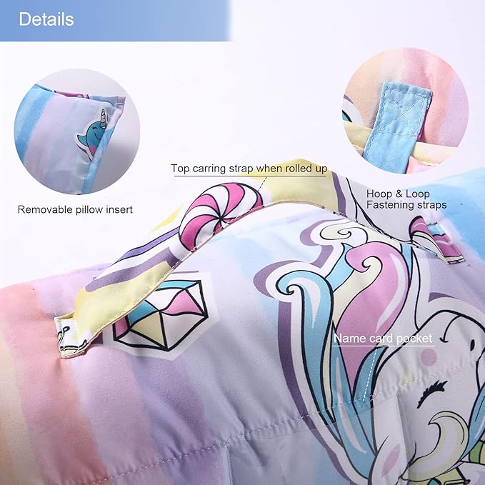 Toddler Nap Mat with Removable Pillow and Minky Blanket,Soft Rolled Napping Mats for Boys and Girls,Lightweight Daycare,Preschool,Travel Toddler Sleeping Slumber Bags-50×20”(Unicorn)