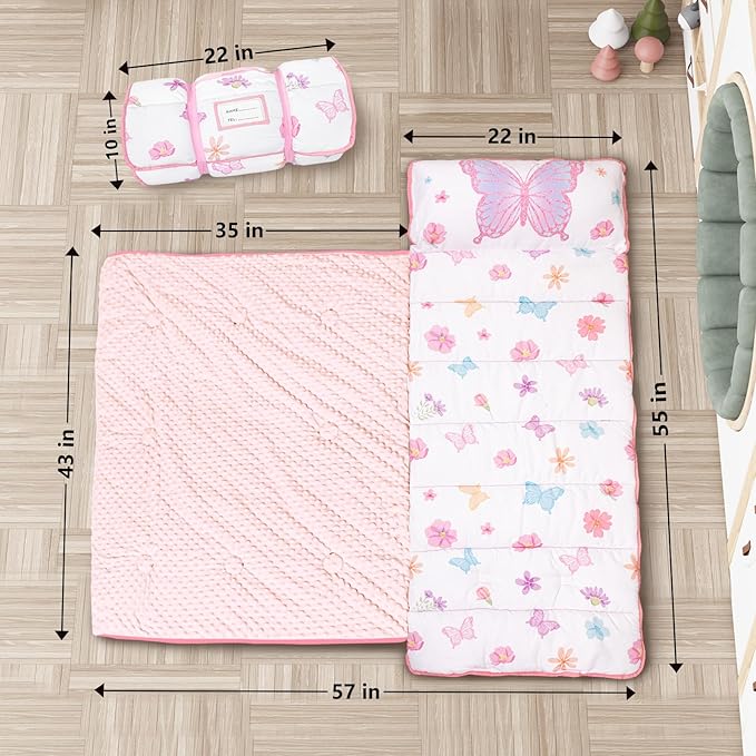 Primlect Thickened Toddler Nap Mat with Removable Pillow and Minky Blanket, Extra Large 55''x35'' Sleeping Bag, Washable, Roll up, Perfect for Daycare, Preschool, Kindergarten, Girls Butterfly