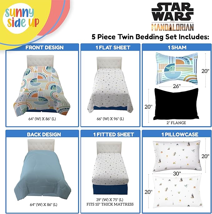 Sunny Side Up Kids Comforter Set Includes Sheets and Pillow Covers - Soft and Cozy Bed Set for Stylish Room Decor, Multicolor - The Mandalorian, 5 Piece Twin Size Bedding