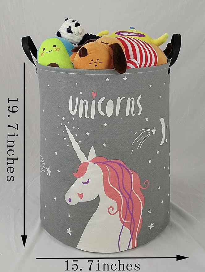 KUNRO Round Laundry Basket Hamper Kids Toys and Clothes Storage Basket Children Gift Basket Baby Toy Organizer Bins for Room Decor (Grey Unicorn)