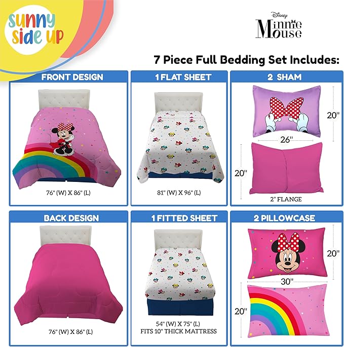 Sunny Side Up Disney Minnie Mouse Full Comforter Set - 7 Piece Kids Bedding Includes Comforter, Sheets & Pillow Cover - Super Soft Rainbow Dots Microfiber Bed Set