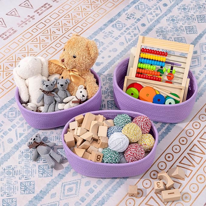 CubesLand Small Storage Baskets for Shelves, Closet Organization Storage Bins Empty Gift Basket 3 Packs Baby Nursery Woven Baskets for Organizing, Rectangular Clothes Closet Shelves Baskets Purple