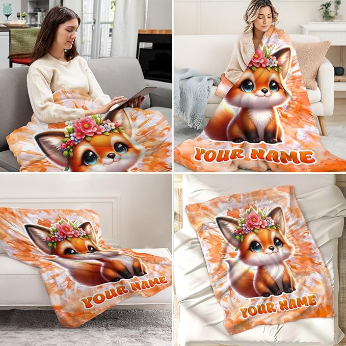 Blanket for Girls - 50" x 60" Inches Personalized Fox Gifts for Teens, Kids - Soft Warm Blankets for Couch, Sofa