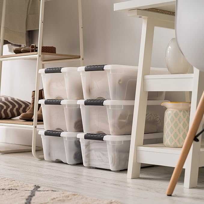 IRIS USA 13 QT Plastic Storage Box with Lid and Latches - 6 Pack - BPA-Free, Discreet Organizing Solution, Durable Nestable Stackable Containers, Secure Pull Handle - Pearl