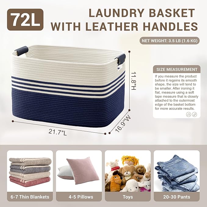 72L Large Laundry Basket with Leather Handles for Living Room Storage, Woven Rope Baskets Bin for Blanket, Kids Toy, Gifts, Wicker Hamper for Bedroom Dirty Clothes, 22"x17"x12" White Navy