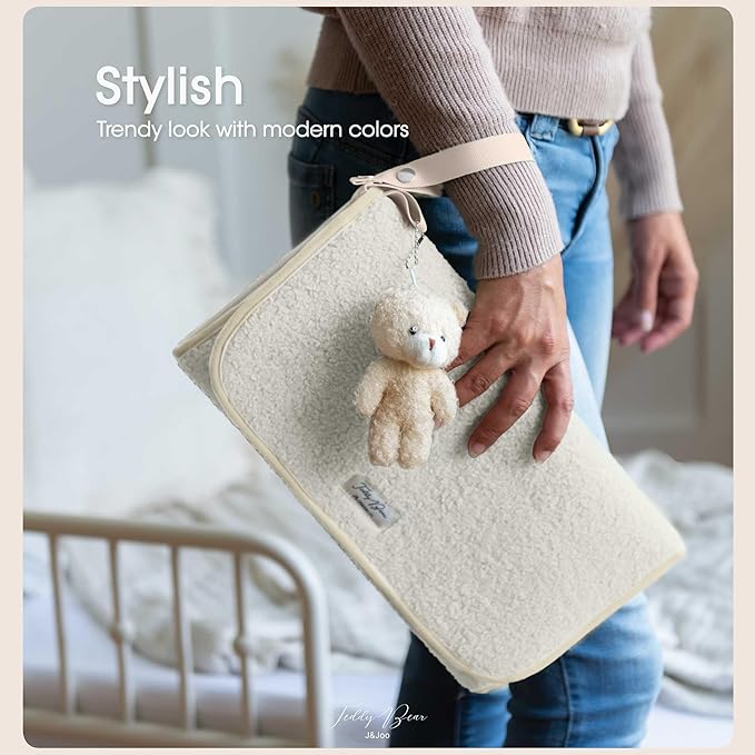 J&Joo Portable Diaper Changing Pad - Ultra Soft, Extra Padded, Waterproof Baby Changer Travel Essential, EZ Access Mesh Pockets, Gift for Baby Shower, Newborn Girls and Boys, 0-12 Months