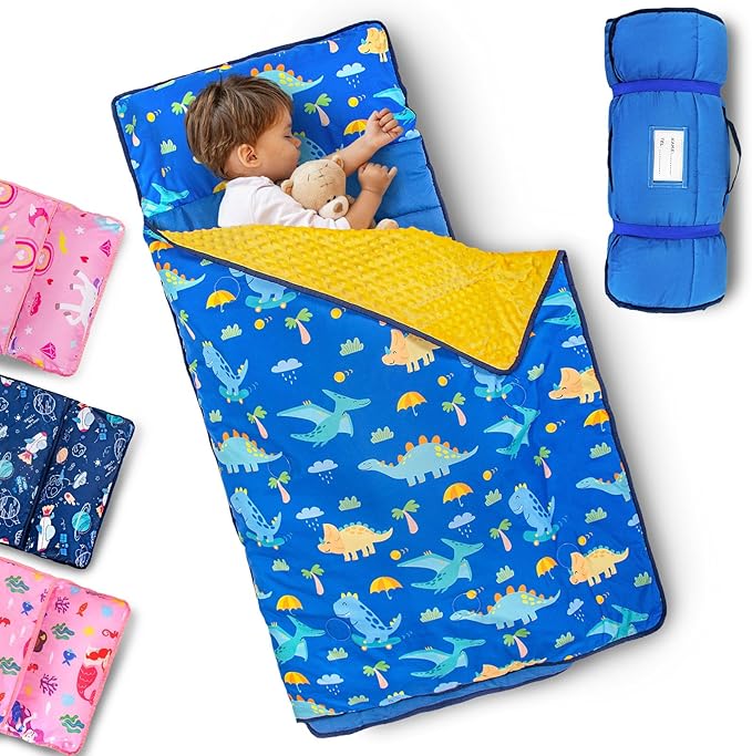 Primlect Toddler Nap Mat with Removable Pillow and Fleece Blanket, Extra Large 55''x35'' Sleeping Bag, Washable, Light, Easy to Roll up, Perfect for Daycare, Preschool, Kindergarten, Travel
