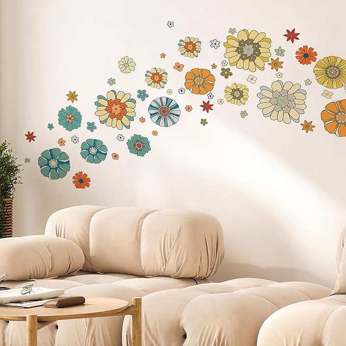 Boho Retro Flower Wall Decal - Retro Floral Decor Stickers,Peel and Stick Bohemian Style Flowers Decals for Kids Bedroom Nursery Playroom Living Room and Bedroom Wall Decorations