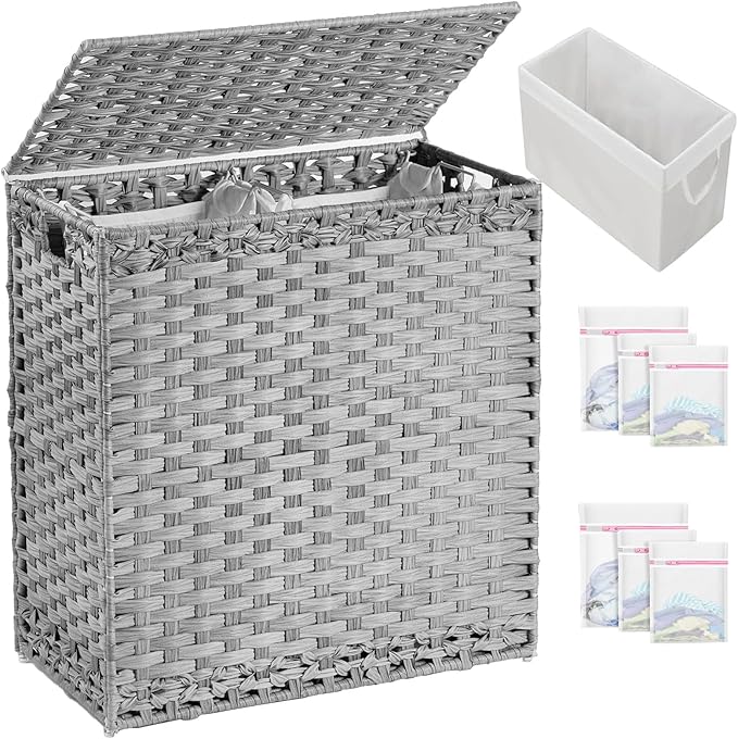 Laundry Hamper with Lid Wicker Laundry Basket 112 L (29.6 Gal) Laundry Hampers Handwoven Rattan Clothes Hamper with Handles 3 Removable Liner Bag, 6 Mesh Bags for Bathroom Bedroom Gray