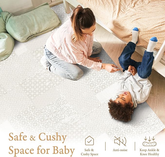 PopsyKosy Premium Baby Floor Play Mat - Thick & Cushioned 0.5 inch Playroom Foam Mat, Non-Toxic Odorless - 6 Tiles - Spacious 6x4 ft. - Stylish & Large, Waterproof for Kids & Toddlers - Totem Beige