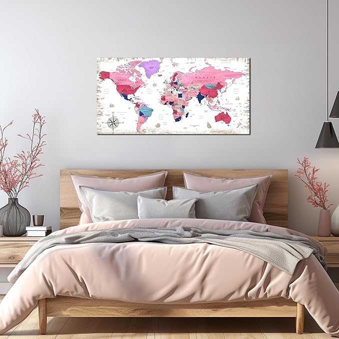 ZHAOSHOP Pink Pictures Wall-Decor - World Map Canvas Wall Art For Bedroom Girls - Wall Pictures For Living Room Decor Ready to Hang Size 40" x 20"