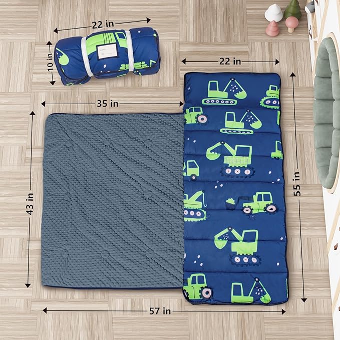 Primlect Thickened Toddler Nap Mat with Removable Pillow and Minky Blanket, Extra Large 55''x35'' Sleeping Bag, Washable, Roll up, Perfect for Daycare, Preschool, Kindergarten, Boys (Excavator)