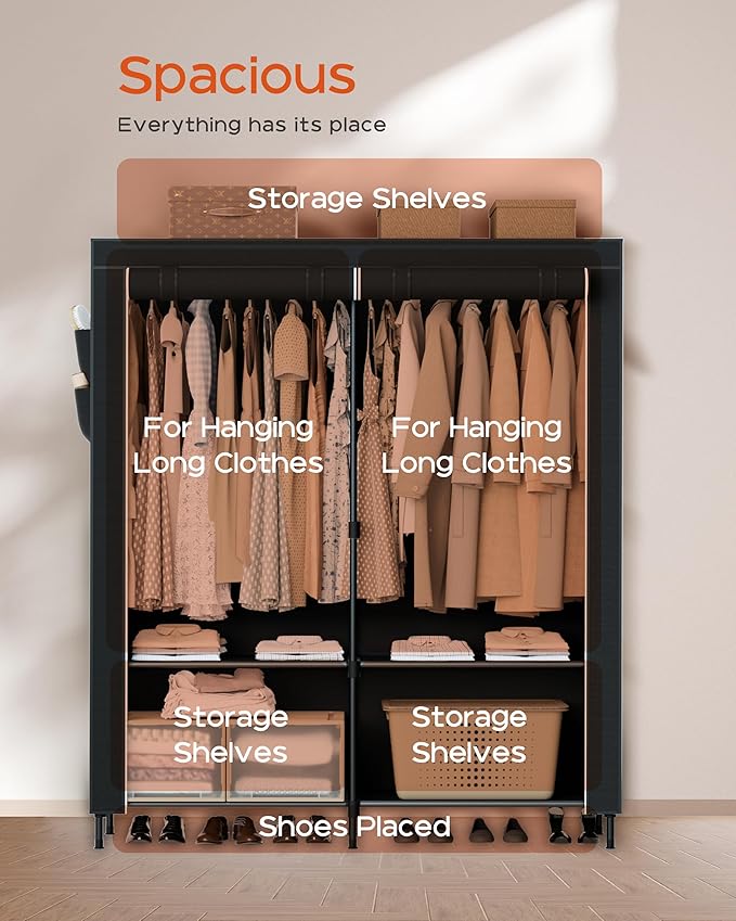 Portable Closet, 54.3 Inch Large Capacity Wardrobe Closet with Cover, Clothes Storage Organizer with Shelves and 2 Hanging Rods, Easy to Assembly, Black PCT102B01