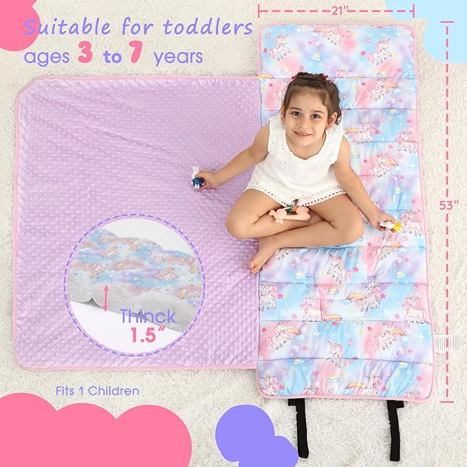 ACRABROS Toddler Nap Mat with Pillow and Blanket, Extra Large Rolled Napping Mats,Slumber Bags for Boys Girls,Kids Sleeping Bag for Daycare, Preschool Travel Camping,Colorful Unicorn