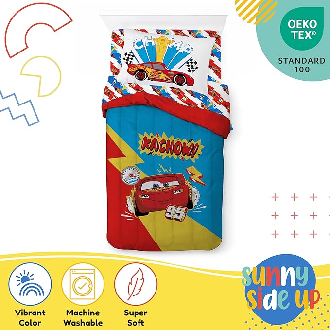 Sunny Side Up Disney Pixar Cars Lightning McQueen Twin Comforter Set - 5 Piece Kids Bedding Includes Comforter, Sheets & Pillow Cover - Super Soft Racecar Microfiber Bed Set