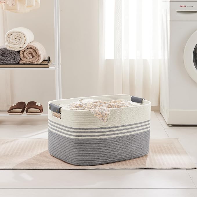 72L Large Laundry Basket with Leather Handles for Living Room Storage, Woven Rope Baskets Bin for Blanket, Kids Toy, Gifts, Wicker Hamper for Bedroom Dirty Clothes, 22"x17"x12" White Grey