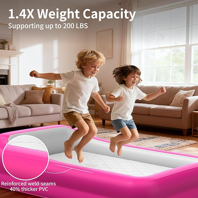 CAMPLAND Inflatable Toddler Travel Bed, Portable Kids Air Mattress with Soft Bed Sheet, Toddler Air Mattress with Surround Safety Bumpers, ldeal for Home Use or Travel, Includes Pump and Carry Bag