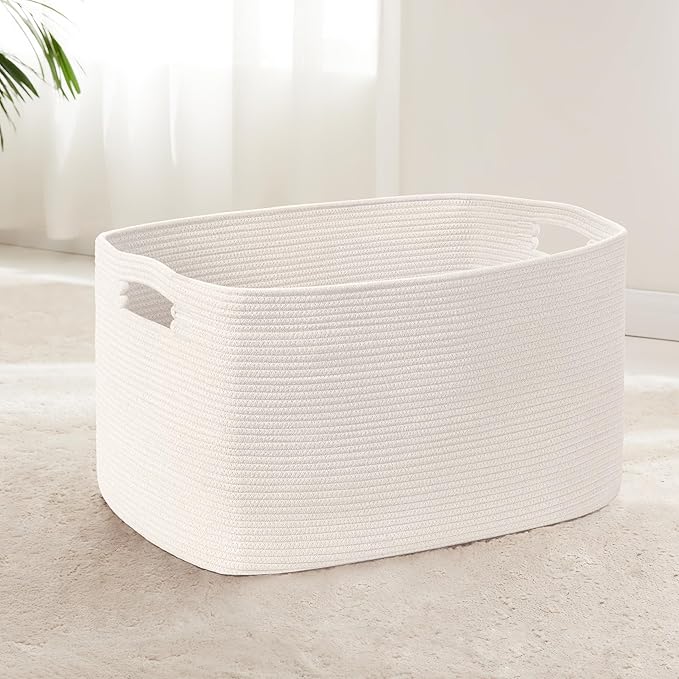 86L Large Baby Girls Laundry Basket for Nursery Storage,Cute Woven cotton Rope Baskets for Kids Toy，Gifts, Boho Square Wicker Blanket hamper for Living Room,Bedroom Dirty Clothes, White