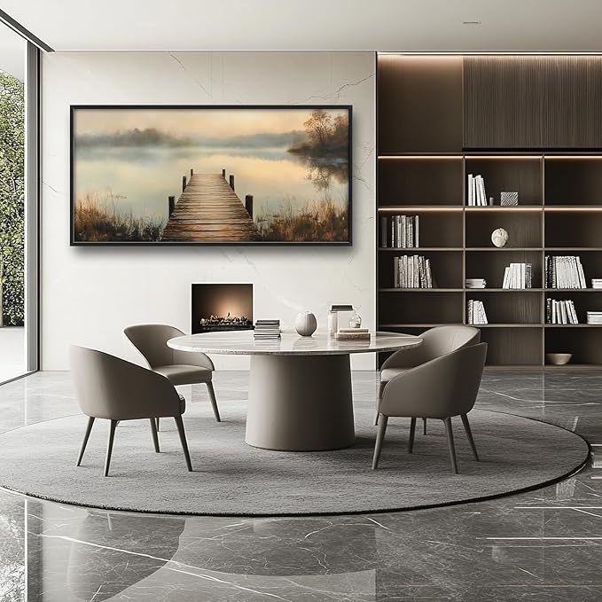 Olivine Large Wall Art, Retro Lake Pictures Wall Decor, Pier Painting, Nature Landscape Canvas Prints, Framed Artwork for Bathroom Bedroom Living Room Office Home Decoration 60"x30"